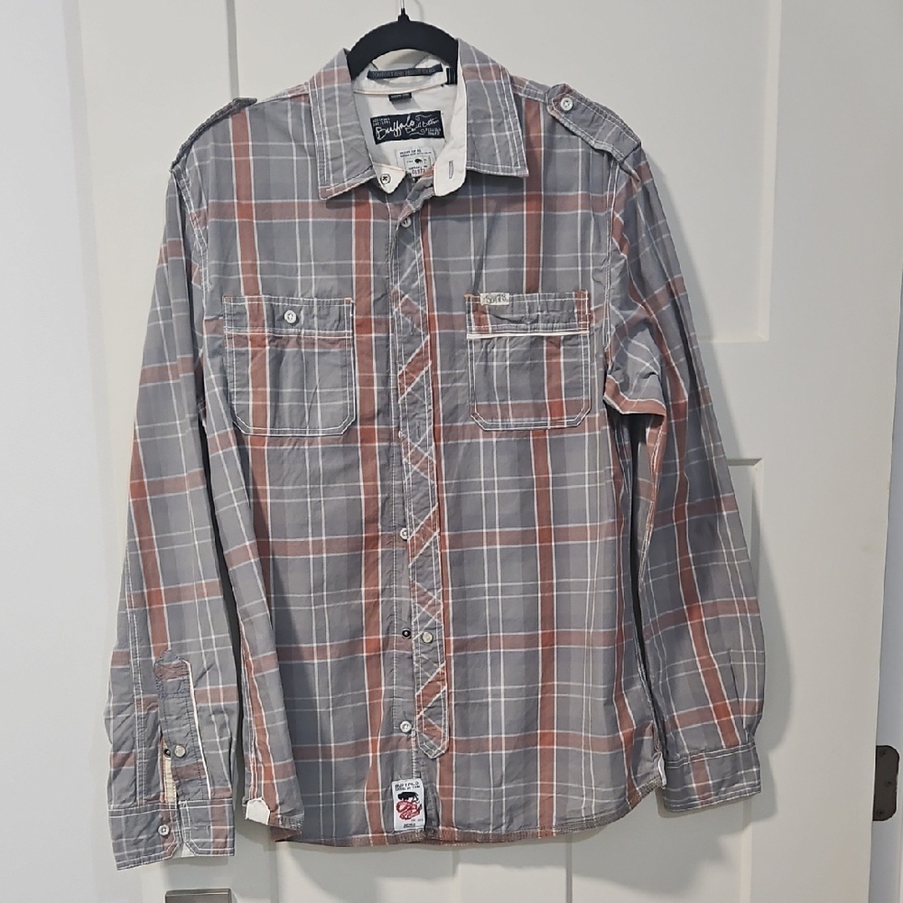 Men's Gray and Orange Plaid Shirt